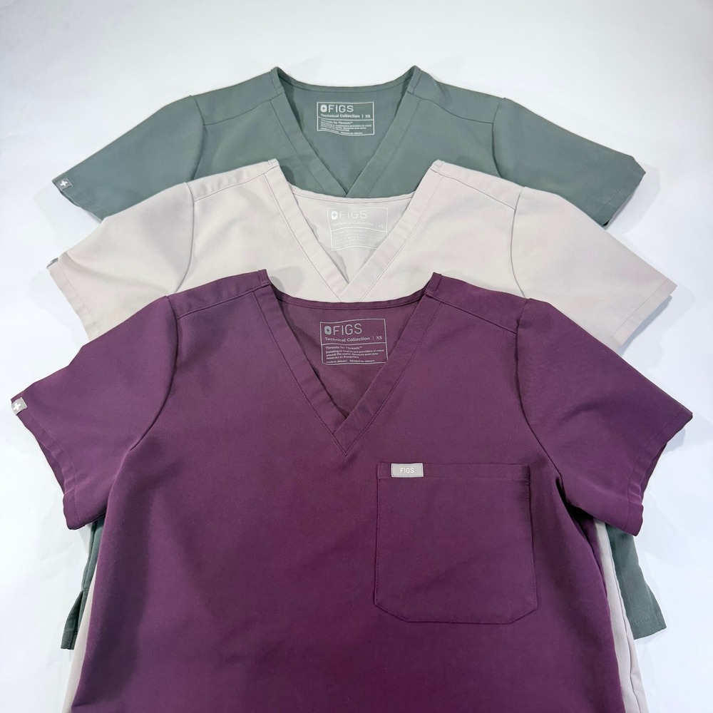 FIGS Technical Collection Catarina Scrub Tops Lot of 3 XS Purple Green Tan Nurse